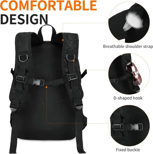 Vista 8 de Mochila pequeña de senderismo para viajes, ligera, plegable, mochila de día resistente al agua, mochilas plegables de 15L para viajes, mujeres, Negro