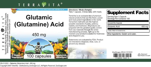 Vista 4 de Ácido glutámico (glutamina) - 450 mg (100 Cápsulas, ZIN: 513331)