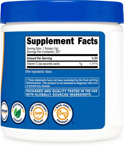 Vista 5 de Nutricost polvo de ácido ascórbico puro vitamina C, 1G por porción, alta calidad, soporte del sistema inmunológico., 1