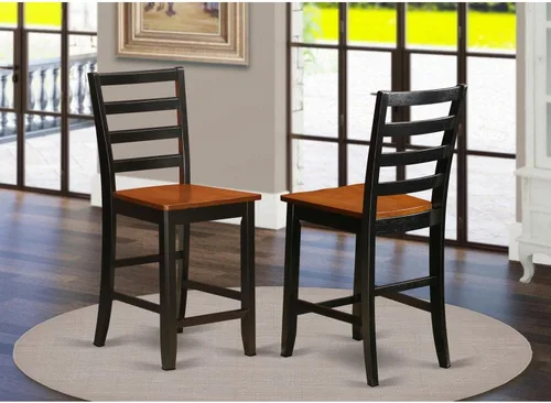 Vista 2 de East West Furniture FAS-BLK-W Fairwind Taburetes de bar con altura de mostrador, sillas de asiento de madera con respaldo de escalera, juego de 2