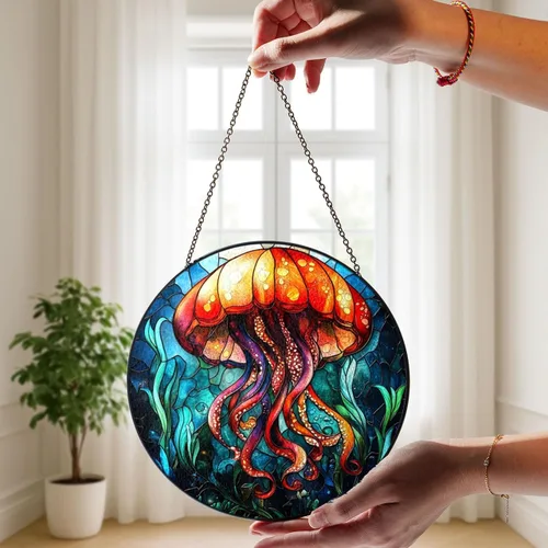 Vista 5 de Real Glass Jellyfish Christmas Ornament, Stained Glass Style Sea Life Art