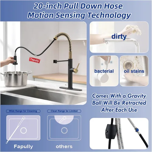Vista 5 de Fapully Grifo de cocina sin contacto con rociador extraíble, sensor negro y dorado, grifo comercial de fregadero de cocina de una sola manija