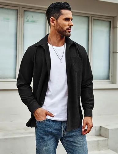 Vista 3 de COOFANDY Camisa de manga larga con botones y bolsillos para hombre