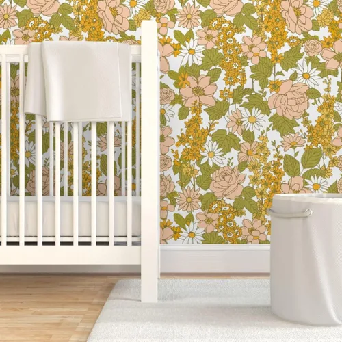 Vista 6 de Papel tapiz autoadhesivo para despegar y pegar, papel tapiz vintage de los años 70 con diseño floral retro bohemio, rosa y verde, papel tapiz