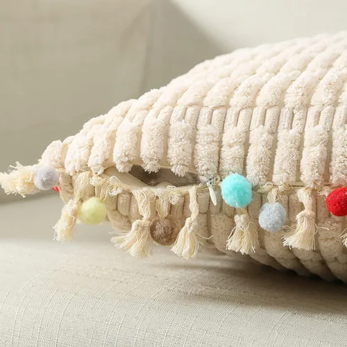 Vista 6 de Dongchen Juego de 2 fundas de almohada decorativas con pompones, de terciopelo suave, estilo bohemio, para sofá, cama, sofá, cama, sala de estar