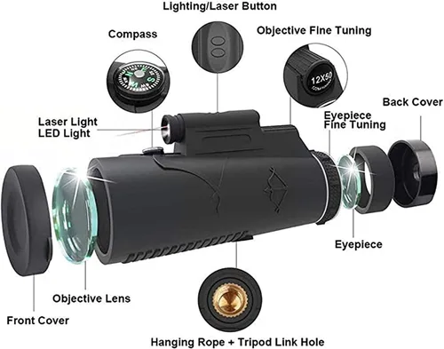 Vista 6 de 12x 50 HD Monocular Telescope with LED Flashlight Night and Phone Holder Tripod for Bird Watching, Hunting, Hiking, Concert, Travel