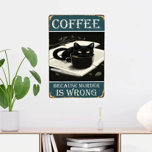 Vista 6 de Cartel de metal con texto en inglés «Black Cat Coffee Because Murder Is Wrong», vintage, para dormitorio, hogar, cocina, hotel, bar, cafetería