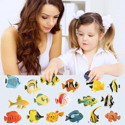 Vista 5 de SCAHOW 18 juguetes de peces tropicales para niños, juguetes surtidos de criaturas marinas en miniatura, peces de juguete falsos, mini figuras