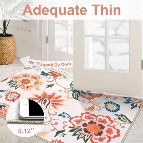 Vista 4 de Beeiva Alfombras florales de entrada, lavables para interiores, ultra fina, de 2 x 3 pies, antideslizante, para cocina, tapete de cachemira suave