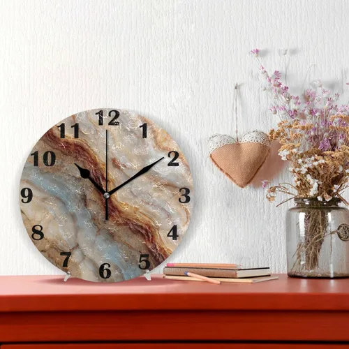 Vista 2 de Onyx - Reloj de pared con textura de mármol de piedra, sin tictac, silencioso, de escritorio, funciona con pilas, de doble uso, analógico