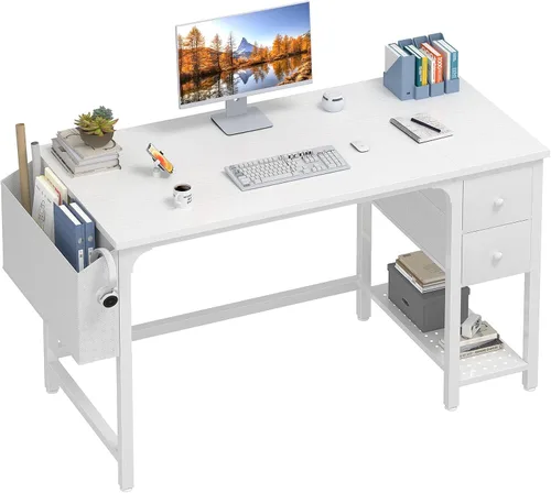 Vista 13 de Lufeiya Escritorio para computadora con cajones de tela, escritorio de juegos reversible de 40 pulgadas para espacios pequeños, oficina en casa