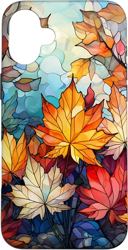 Vista 22 de iPhone 15 Otoño hojas de arce vitrales estilo abstracto caso