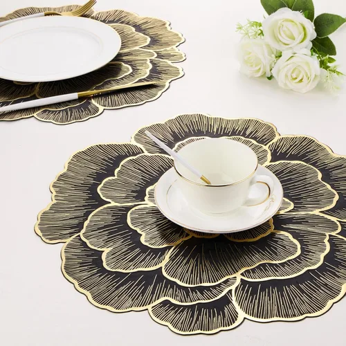 Vista 5 de Juego de 6 manteles individuales dorados con flores para mesa de comedor, manteles individuales redondos de vinilo prensado metálico de 15 pulgadas