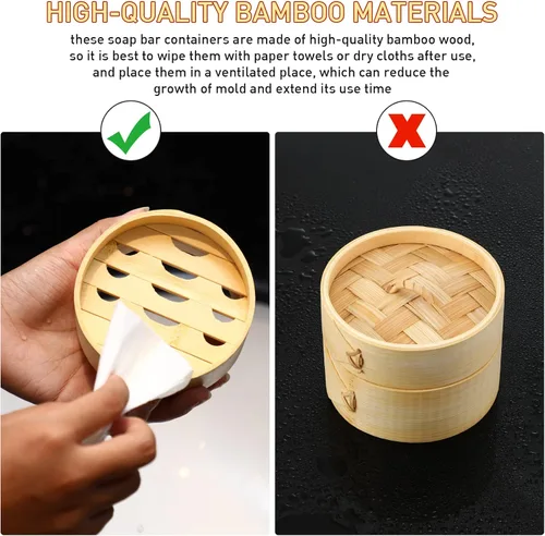 Vista 5 de Chengu Soporte de barra de jabón de bambú natural con tapa, para drenaje, red de espuma, contenedor de champú, bandeja de madera, funda de bambú