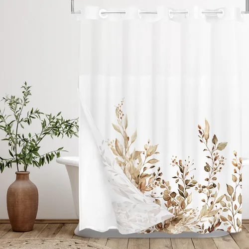 Vista 39 de Tititex - Juego de cortinas de ducha de eucalipto negro, hojas de acuarela gris en la parte superior, con decoración floral de baño, 60 x 72