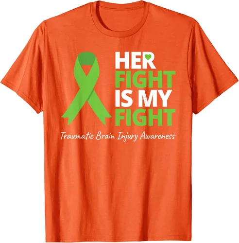 Vista 23 de Camiseta con cinta verde de la conciencia de la TBI, con texto en inglés "Her Fight Is My Fight" Jaspeado Oscuro