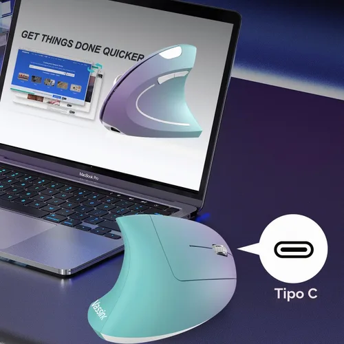 Vista 5 de Vassink Ratón ergonómico inalámbrico recargable, conexión USB A+Type C (2en1), 800/1200/1600 DPI, 6 botones, 2.4GHz, ratón vertical para túnel