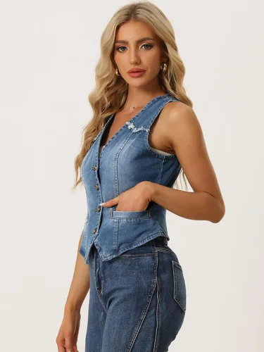 Vista 4 de Allegra K Chaleco de mezclilla para mujer, sin mangas, con cuello en V, lavado y desgastado