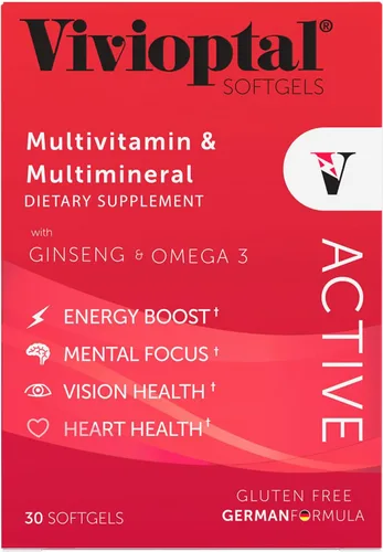 Vista 2 de Vivioptal Active, 30 cápsulas blandas, ginseng y omega 3, multivitamínico y multimineral, sin gluten, fórmula alemana