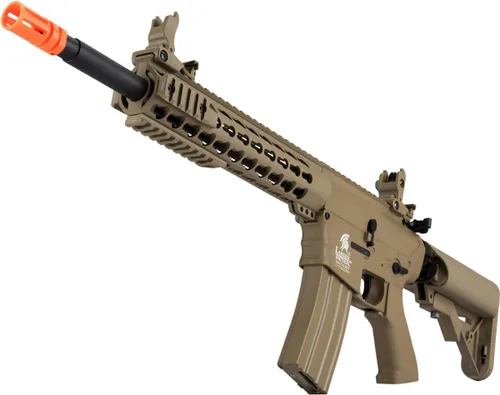 Vista 5 de Lancer Tactical Gen 2 KeyMod M4 Evo Airsoft AEG Serie de núcleo de rifle de 10 pulgadas (sin batería y cargador) (bronceado)