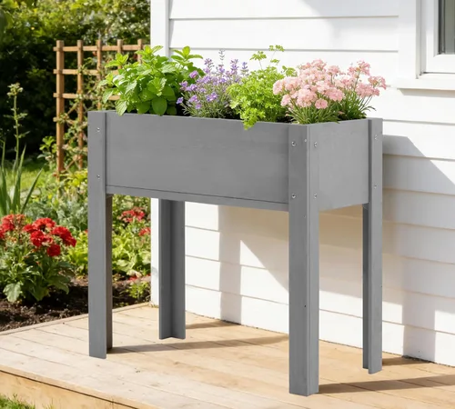 Vista 2 de Cama de jardín elevada con patas, 31 x 16 x 31 pulgadas, jardinera elevada de madera para exteriores, cedro gris, patas gruesas, con forro Marrón