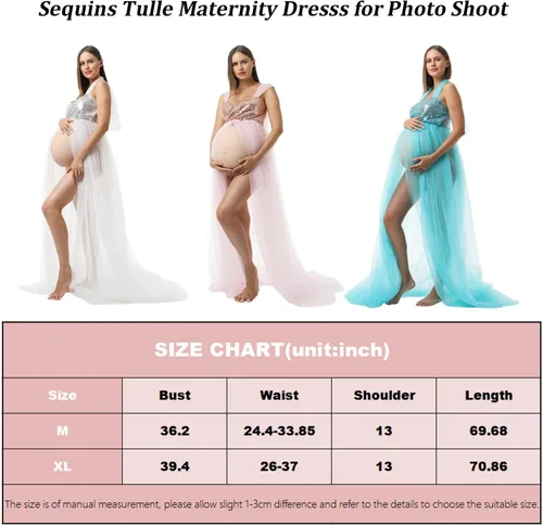 Vista 3 de Vestido de maternidad para fotografía, lentejuelas con purpurina, hombros descubiertos, tul con abertura frontal, vestidos de embarazo para sesión