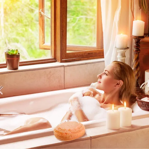 Vista 5 de Esponja corporal de baño suave de 4 piezas exfoliante para suministro de baño