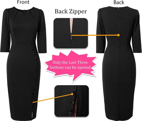 Vista 6 de VFSHOW Vestido plisado con cuello en V para mujer, con botones divididos, para el trabajo, oficina, negocios, ajustado, vestido de tubo