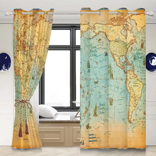 Vista 2 de Renaiss Juego de 2 paneles de cortinas para ventana de mapa del mundo de 29 x 45 pulgadas, diseño nostálgico de mapa de geografía