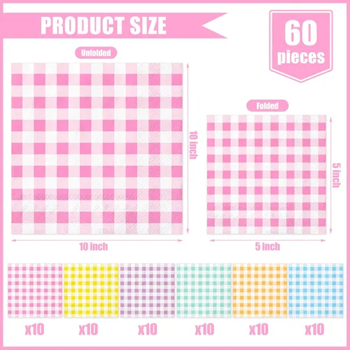 Vista 2 de Whaline 60 servilletas de cóctel de primavera y Pascua, 6 colores pastel, servilletas de papel a cuadros desechables para baby shower, picnic