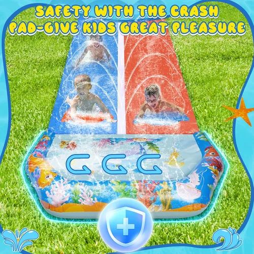 Vista 5 de Toboganes de agua dobles de 40 pies para niños y adultos, toboganes de agua extralargos con 2 bodyboards, resistentes, juguetes inflables gigantes