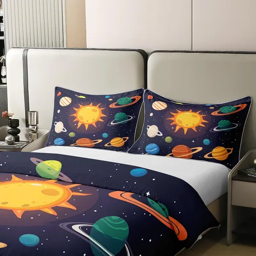 Vista 4 de Funda de edredón 100% algodón con planetas del sistema solar, tamaño individual, Mercurio, Tierra, Marte Neptuno Saturno y Júpiter, para niños