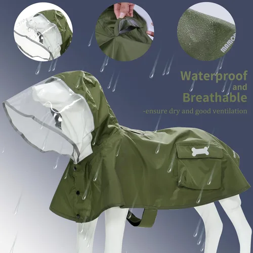 Vista 4 de Chubasquero impermeable para perros, ropa impermeable ajustable con tira reflectante y ligera con capucha tipo poncho (Verde Ejército, XS)