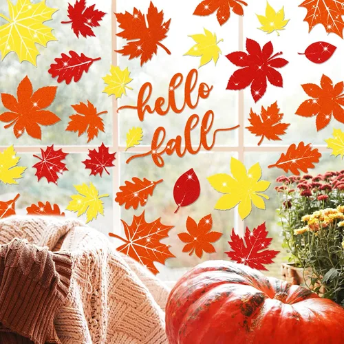 Vista 4 de Whaline 105 calcomanías de ventana de hojas de arce con purpurina de otoño, coloridas calcomanías de vidrio de doble cara para otoño, cosecha