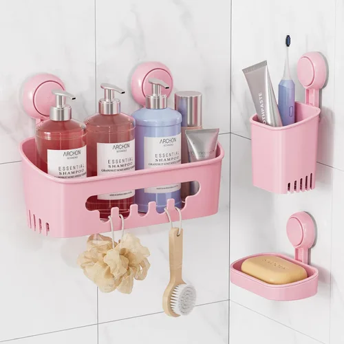 Vista 10 de LEVERLOC Organizador de ducha con ventosa, estante de baño negro con gancho y soporte para jabón, organizador de baño sin taladro