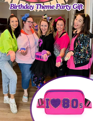 Vista 3 de Riñonera de neón de los años 80, bolsas cruzadas ajustables retro, riñoneras, para mujer, fiesta temática de los años 80, Rosa Rojo, Pequeña, Bolso