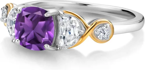 Vista 3 de Gem Stone King Plata 925 y oro amarillo de 10 quilates, cojín de anillo de 3 piedras amatista media luna creada moissanita y diamante cultivado