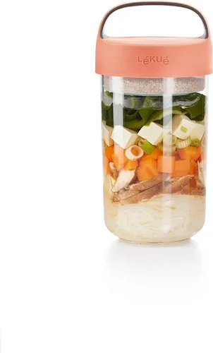 Vista 5 de Lékué Jar-To-Go - Tarro de viaje de 2 piezas, 20 onzas, coral, 100% hermético, para aperitivos, sopas, almuerzos con aderezos/aderezo, apto