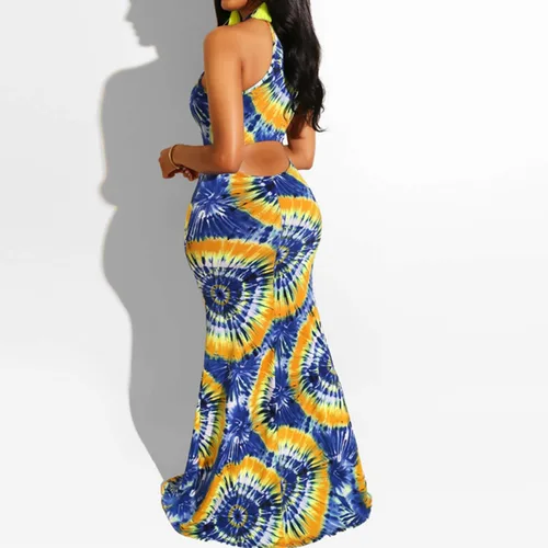 Vista 2 de Vestido largo para mujer, sin mangas, con cuello halter y abertura en la espalda, estampado floral y vintage, para fiestas, la playa y para la noche.