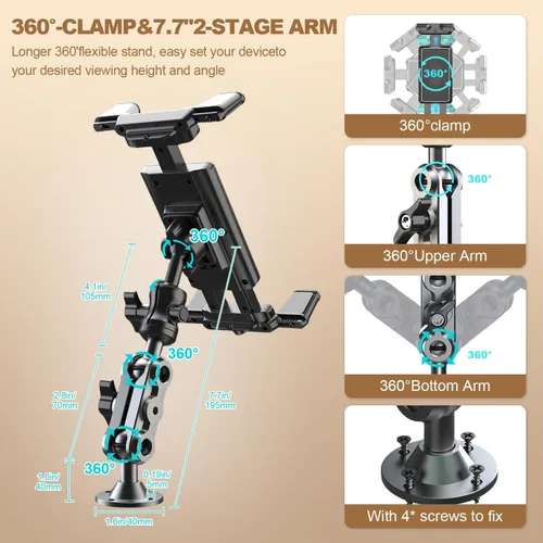 Vista 2 de WUITIN Soporte de aluminio resistente para tableta, soporte para tableta, soporte de montaje en automóvil, soporte ajustable de 2 etapas de 360°