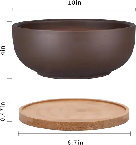 Vista 7 de Maceta de terracota de 10 pulgadas, maceta grande para suculentas y bonsái con agujero de drenaje y platillo de bambú para plantas