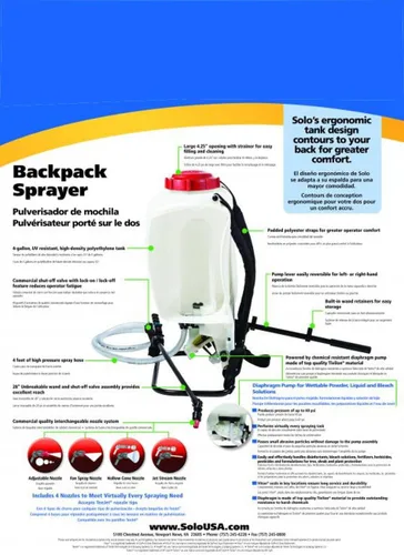 Vista 5 de Solo 475-B. Mochila pulverizadora con bomba de diafragma profesional, de 4 galones.