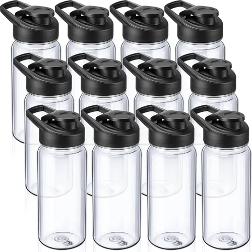 Vista 8 de Mimorou 12 botellas de agua de plástico a granel de 17 onzas, botellas deportivas reutilizables portátiles, paquete con asa para niños, adultos, Azul