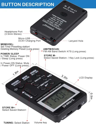 Vista 7 de ZHIWHIS Radio portátil, receptor AM FM con temporizador de sueño, radios estéreo recargables con reloj digital, sintonizador DSP con función