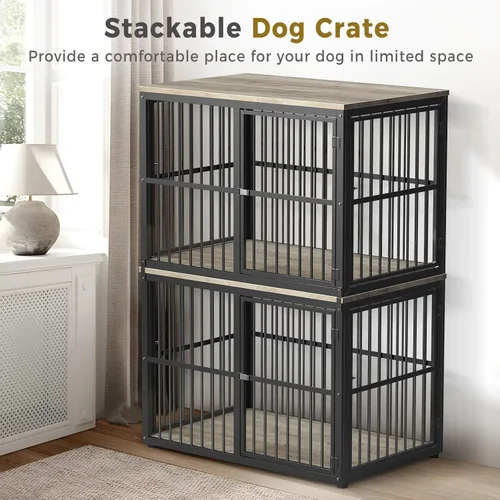 Vista 3 de Lyromix Mueble apilable para perros de 43 pulgadas, para razas grandes con habitaciones dobles, jaula de madera para perros, perrera resistente