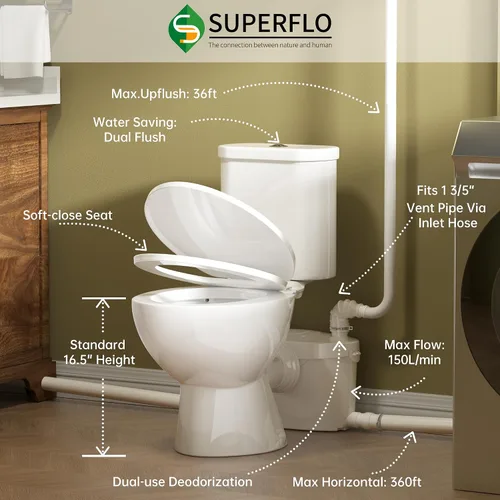 Vista 4 de SUPERFLO Sistema de inodoro macerante de 750 W, inodoro ascendente