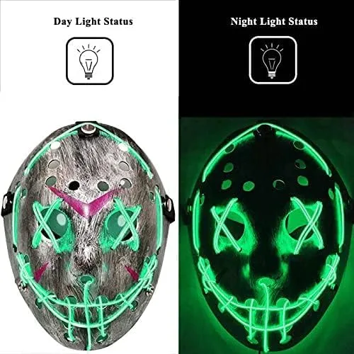 Vista 6 de Máscara de la Purga con luz LED Jason, máscara de miedo de Halloween para niños, adultos, hombres y mujeres, fiesta de festival de Halloween