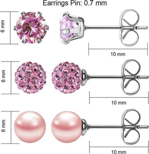 Vista 51 de JewelrieShop - Juego de aretes de tuerca de acero inoxidable con circonitas cúbicas y perlas de imitación, 3 pares de 0.236 in