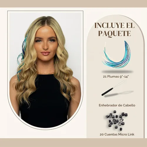 Vista 2 de 21 extensiones de cabello de color azul, kit de gallo de 9 a 14 pulgadas de largo, con 20 cuentas de microenlace, plumas 100% reales, estilo bohemio