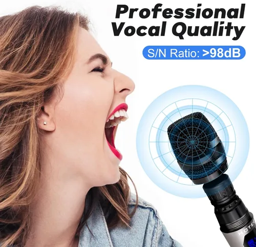 Vista 2 de HOTEC Micrófonos inalámbricos Dual UHF Sistema de micrófono de mano con control de eco/volumen, receptor recargable para karaoke, iglesia, boda